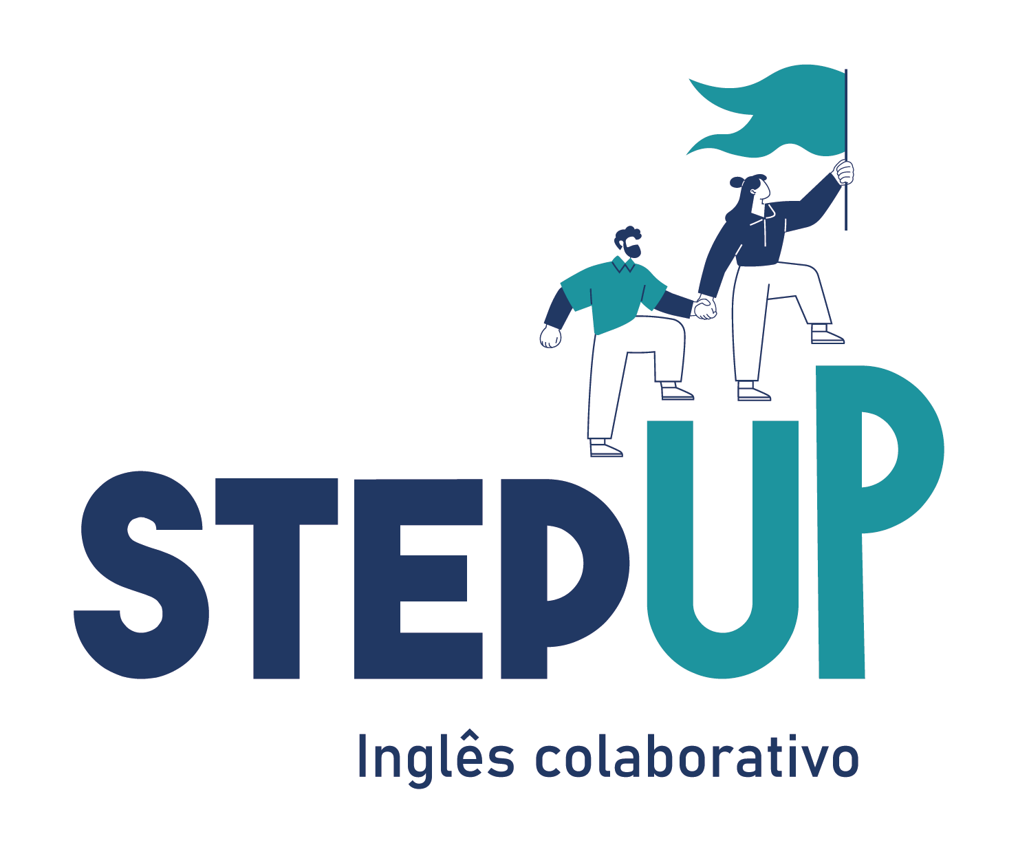 Logo Step Up, Inglês colaborativo: duas pessoas de mãos dadas subindo nas letras UP, uma delas segurando uma bandeira